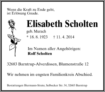 Anzeige  Elisabeth Scholten  Lippische Landes-Zeitung