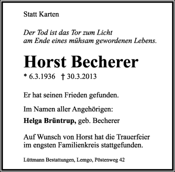 Anzeige  Horst Becherer  Lippische Landes-Zeitung