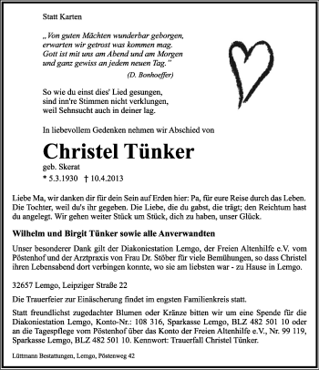 Anzeige  Christel Tünker  Lippische Landes-Zeitung