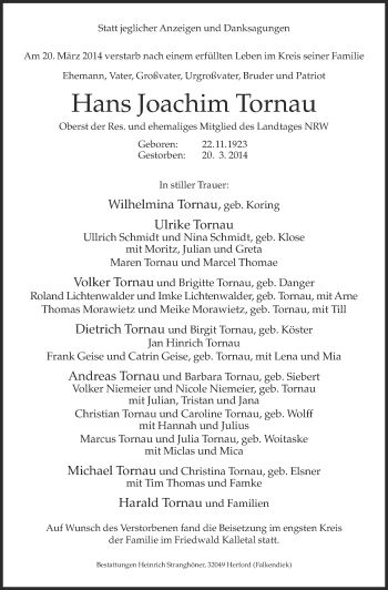 Anzeige  Hans Joachim Tornau  Lippische Landes-Zeitung