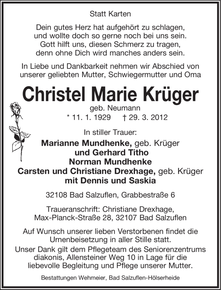  Traueranzeige für Christel Marie Krüger vom 31.03.2012 aus Lippische Landes-Zeitung