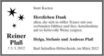 Anzeige  Reiner Plaß  Lippische Landes-Zeitung