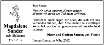 Anzeige  Magdalene Sander  Lippische Landes-Zeitung
