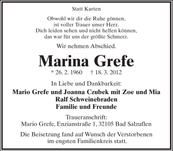 Anzeige  Marina Grefe  Lippische Landes-Zeitung