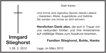 Anzeige  Irmgard Stieghorst  Lippische Landes-Zeitung