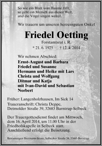Anzeige  Friedel Oetting  Lippische Landes-Zeitung