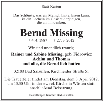 Anzeige  Bernd Missing  Lippische Landes-Zeitung
