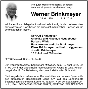 Anzeige  Werner Brinkmeyer  Lippische Landes-Zeitung