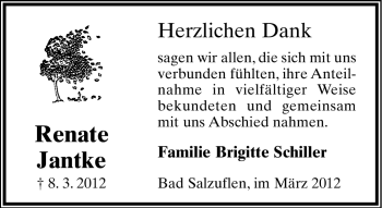 Anzeige  Renate Jantke  Lippische Landes-Zeitung