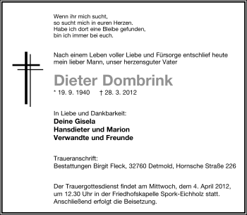 Anzeige  Dieter Dombrink  Lippische Landes-Zeitung