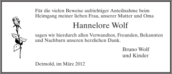 Anzeige  Hannelore Wolf  Lippische Landes-Zeitung