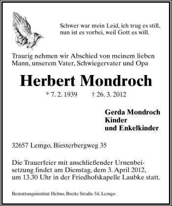 Anzeige  Herbert Mondroch  Lippische Landes-Zeitung