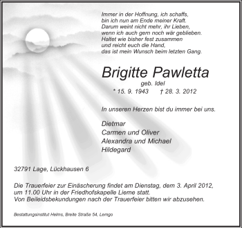 Anzeige  Brigitte Pawletta  Lippische Landes-Zeitung