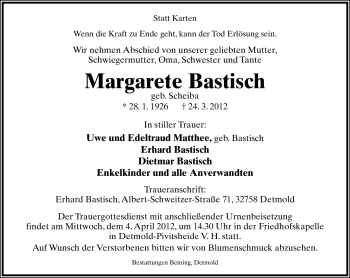Anzeige  Margarete Bastisch  Lippische Landes-Zeitung