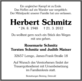 Anzeige  Herbert Schmitz  Lippische Landes-Zeitung