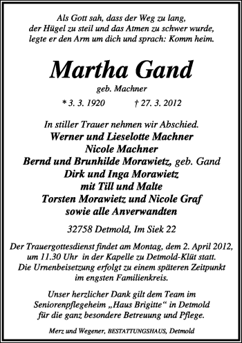 Anzeige  Martha Gand  Lippische Landes-Zeitung