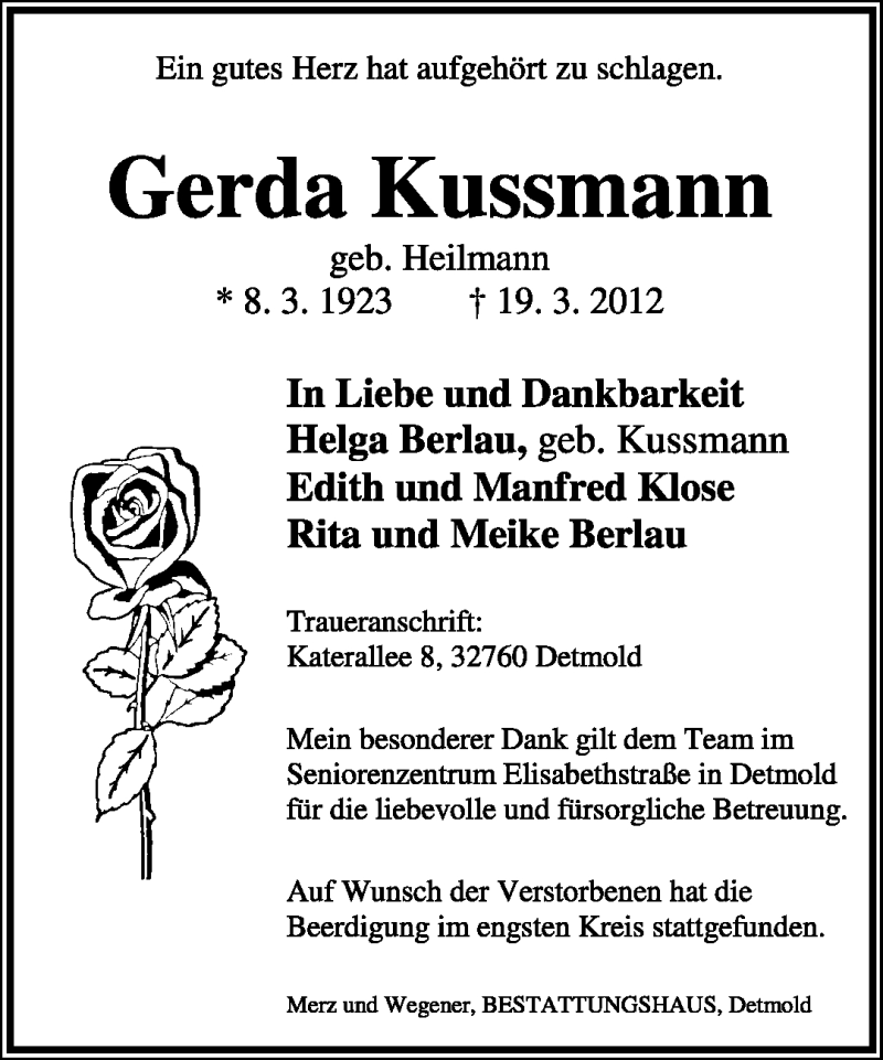  Traueranzeige für Gerda Kussmann vom 31.03.2012 aus Lippische Landes-Zeitung