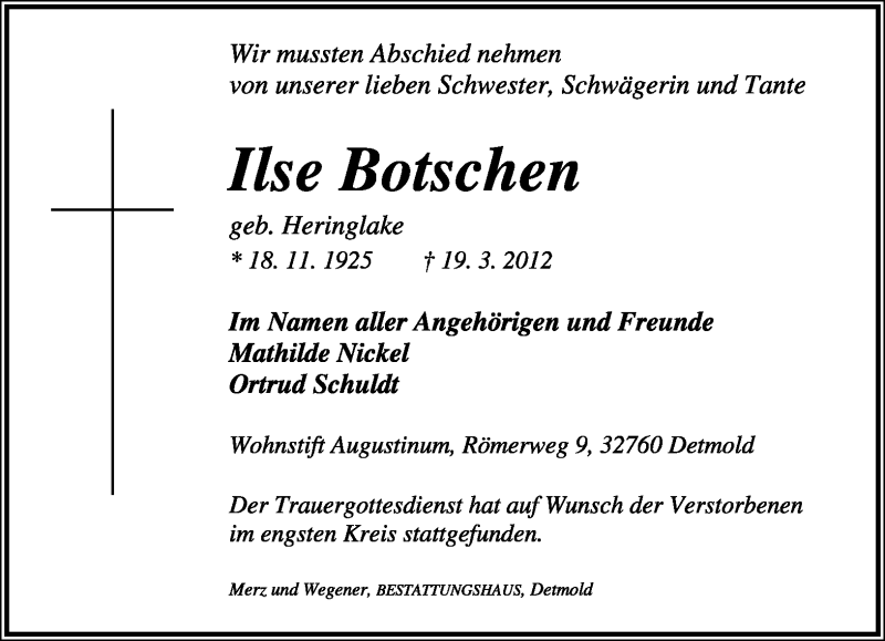  Traueranzeige für Ilse Botschen vom 31.03.2012 aus Lippische Landes-Zeitung