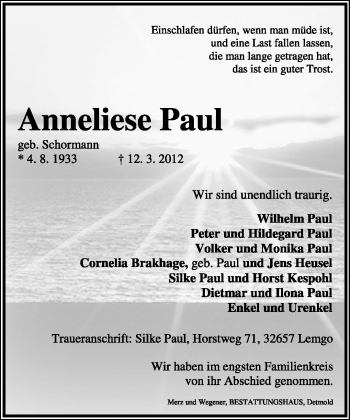 Anzeige  Anneliese Paul  Lippische Landes-Zeitung