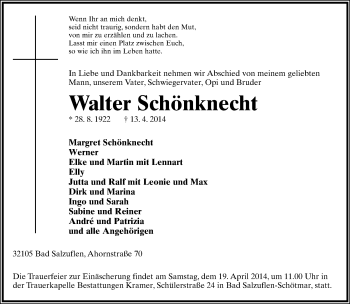 Anzeige  Walter Schönknecht  Lippische Landes-Zeitung