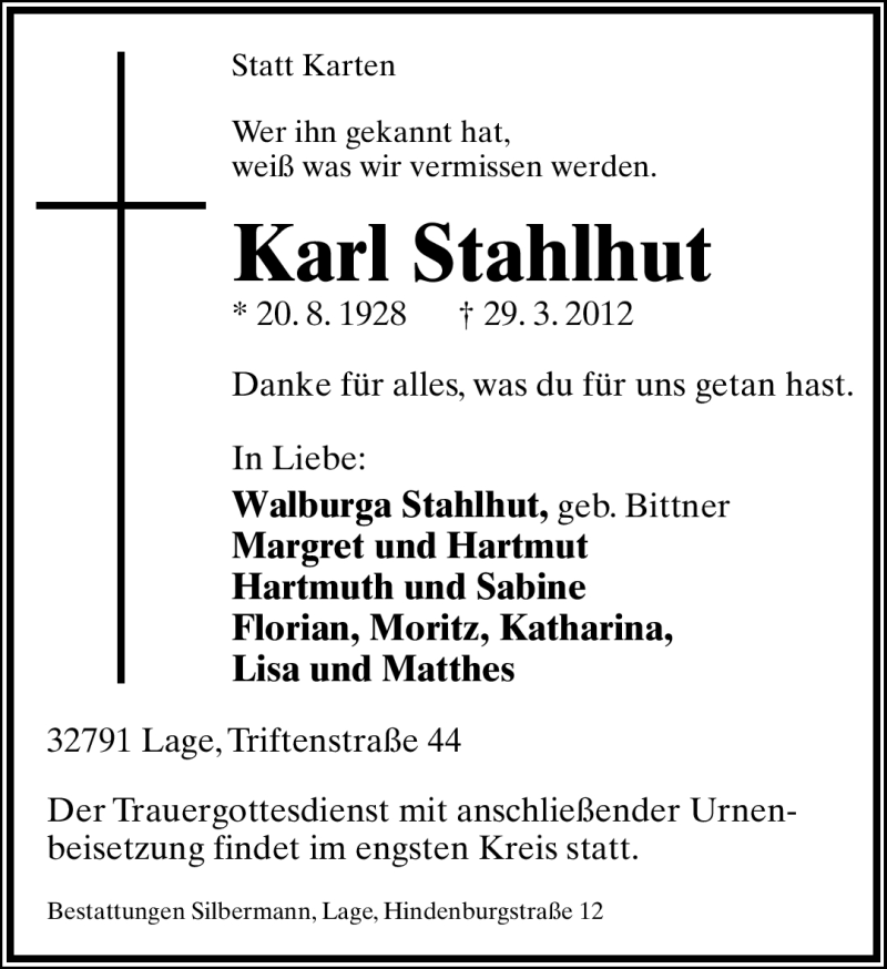  Traueranzeige für Karl Stahlhut vom 31.03.2012 aus Lippische Landes-Zeitung