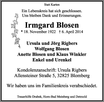 Anzeige  Irmgard Blosen  Lippische Landes-Zeitung