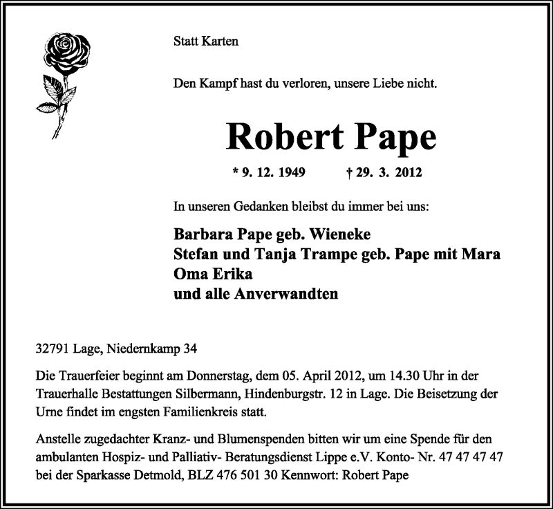  Traueranzeige für Robert Pape vom 31.03.2012 aus Lippische Landes-Zeitung