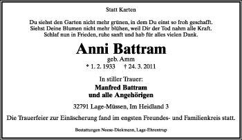 Anzeige  Anni Battram  Lippische Landes-Zeitung