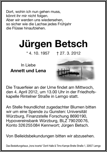 Anzeige  Jürgen Betsch  Lippische Landes-Zeitung