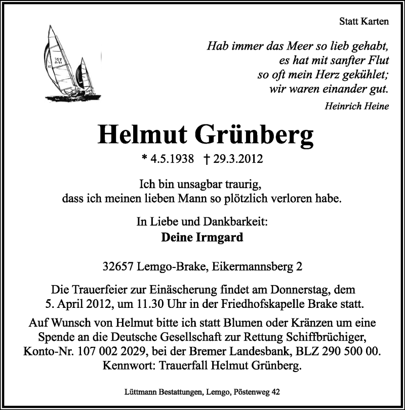  Traueranzeige für Helmut Grünberg vom 31.03.2012 aus Lippische Landes-Zeitung