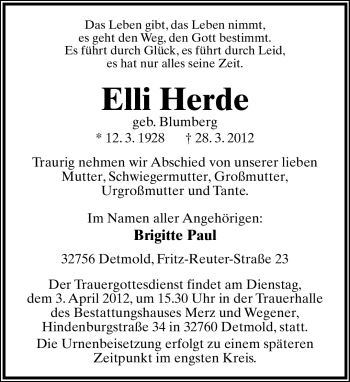 Anzeige  Elli Herde  Lippische Landes-Zeitung