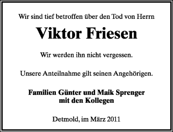 Anzeige  Viktor Friesen  Lippische Landes-Zeitung