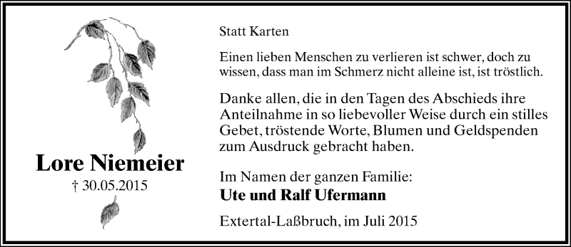  Traueranzeige für Lore Niemeier vom 04.07.2015 aus Lippische Landes-Zeitung