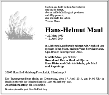 Anzeige  Hans-Helmut Maul  Lippische Landes-Zeitung