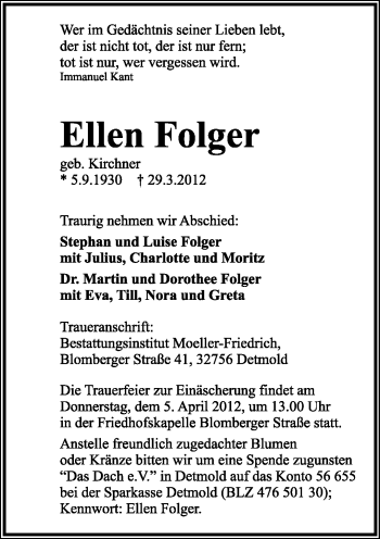 Anzeige  Ellen Folger  Lippische Landes-Zeitung