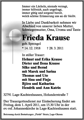 Anzeige  Frieda Krause  Lippische Landes-Zeitung