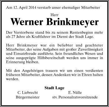 Anzeige  Werner Brinkmeyer  Lippische Landes-Zeitung