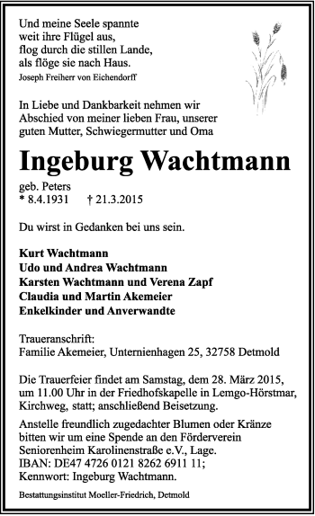 Anzeige  Ingeburg Wachtmann  Lippische Landes-Zeitung