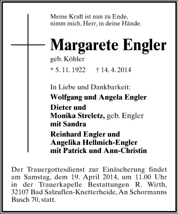 Anzeige  Margarete Engler  Lippische Landes-Zeitung