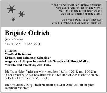 Anzeige  Brigitte Oelrich  Lippische Landes-Zeitung