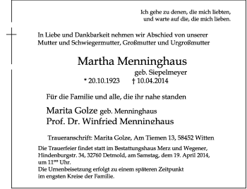 Anzeige  Martha Menninghaus  Lippische Landes-Zeitung