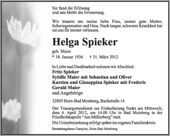 Anzeige  Helga Spieker  Lippische Landes-Zeitung