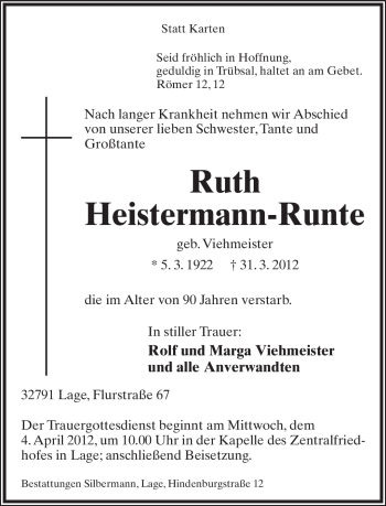 Anzeige  Ruth Heistermann-Runte  Lippische Landes-Zeitung