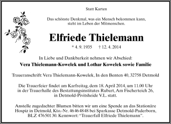 Anzeige  Elfriede Thielemann  Lippische Landes-Zeitung