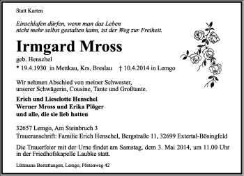 Anzeige  Irmgard Mross  Lippische Landes-Zeitung