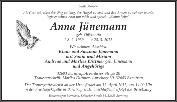 Anzeige  Anna Jünemann  Lippische Landes-Zeitung