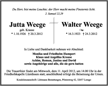 Anzeige  Jutta und Walter Weege  Lippische Landes-Zeitung