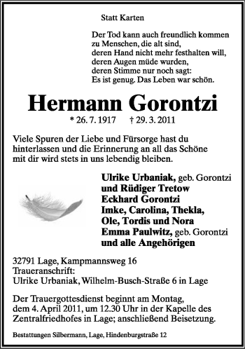 Anzeige  Hermann Gorontzi  Lippische Landes-Zeitung