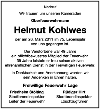 Anzeige  Helmut Kohlwes  Lippische Landes-Zeitung