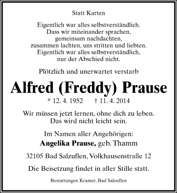 Anzeige  Alfred Prause  Lippische Landes-Zeitung